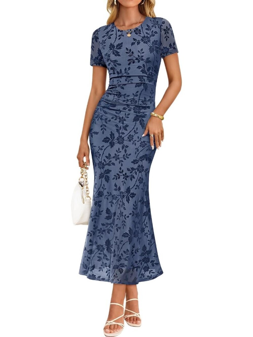 Women's Dusty Blue Floral Short Sleeve Bodycon Ruched Mesh Formal Maxi Dress - Picture 1 of 6